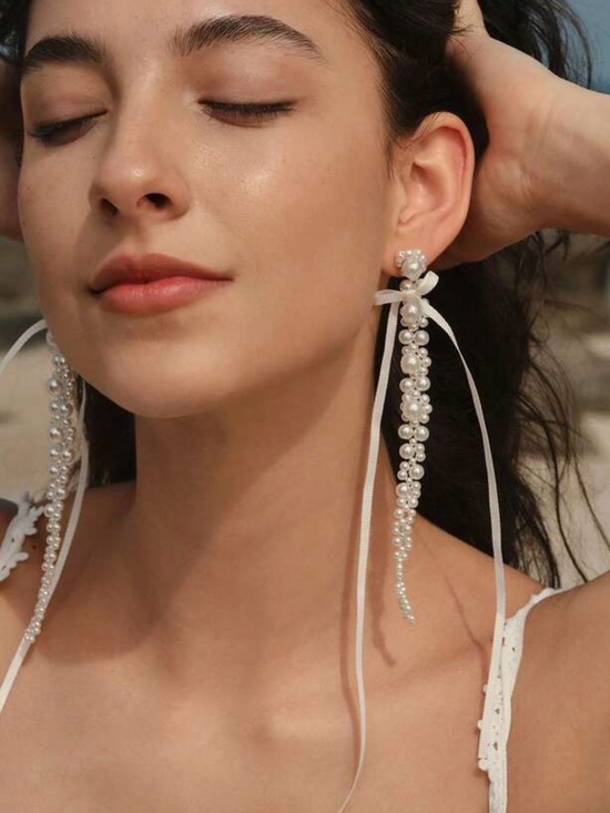 Anthropologie Jewelry - White Pearl Tassel Ribbon Drop Earrings